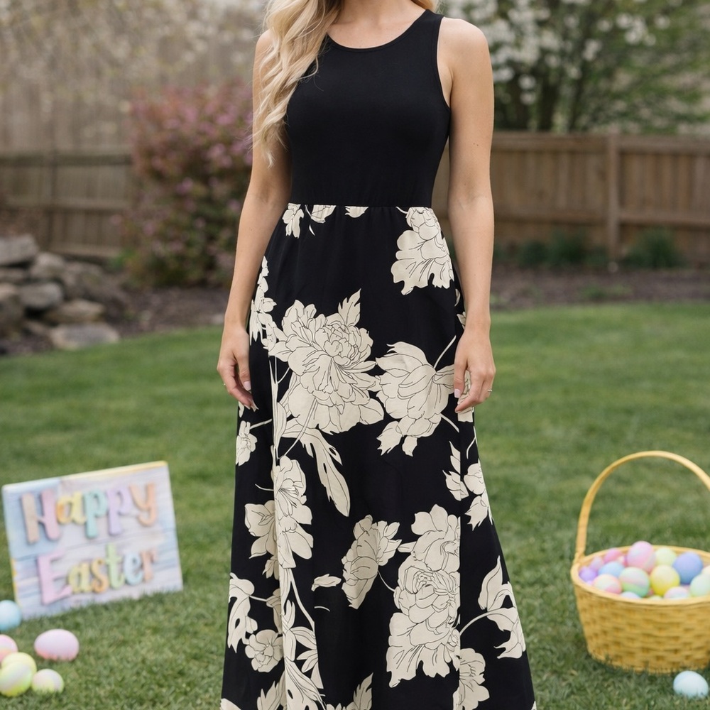 Sleeveless Black Maxi Dress with Cream Floral Print